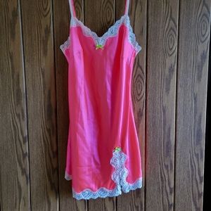 Victoria Secret Hot Pink Green Bow Nightie Slip Intimate Lingerie Lace Satin